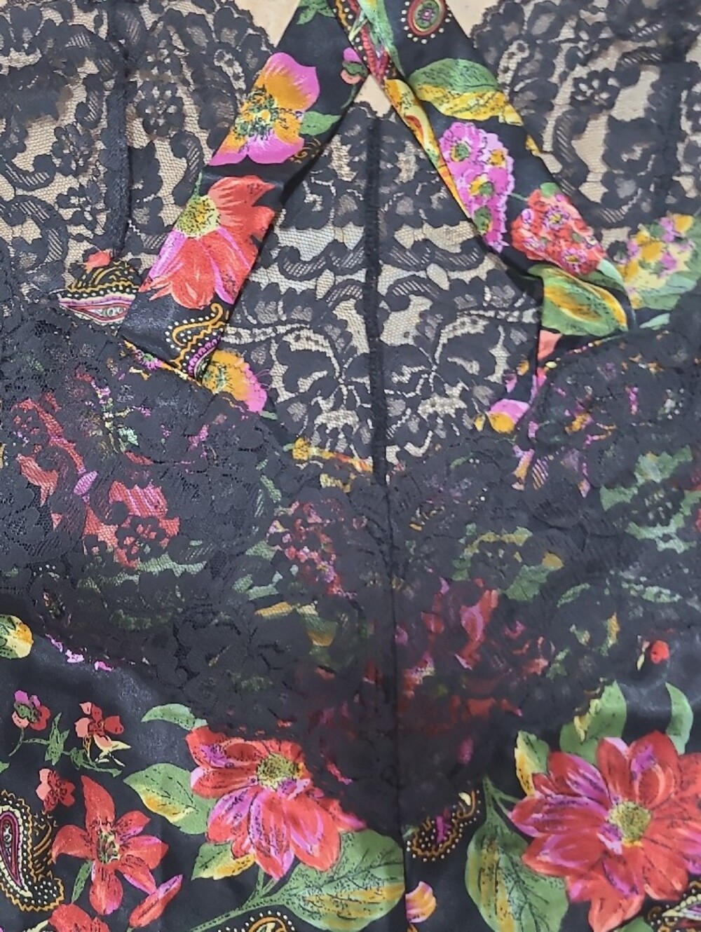 Vanity Fair Vintage Black Floral Lace Maxi Dress with Pink and Yellow Blooms - Picture 9 of 16